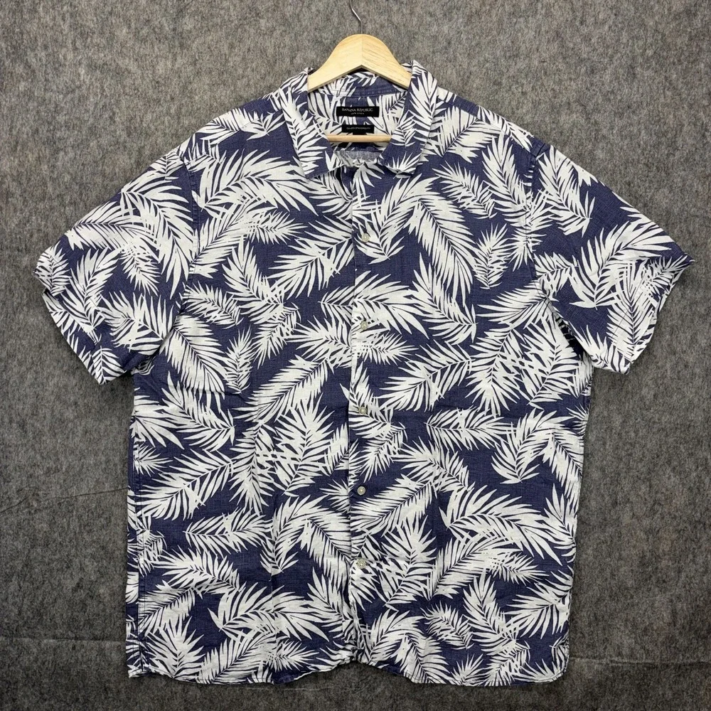Banana Republic 100% Linen Hawaiian Shirt Men's XL Camden Standard Fit Blue